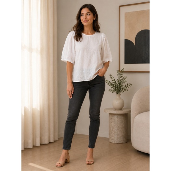 Gilli Tops - Gilli Blouse Womens Small White Puff Sleeve Boho Coastal Chic OT6007